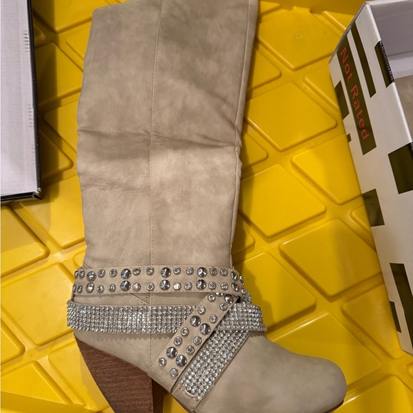 Not Rated Beige Heeled Boots with Rhinestone Straps - Picture 5 of 10